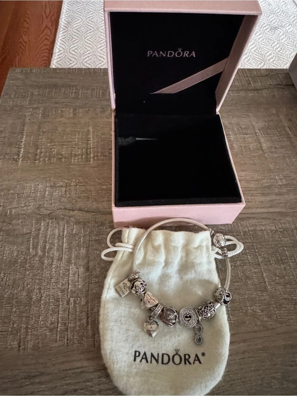 Pandora Silver Charm Bracelet with Heart, Infinity and Travel Charms